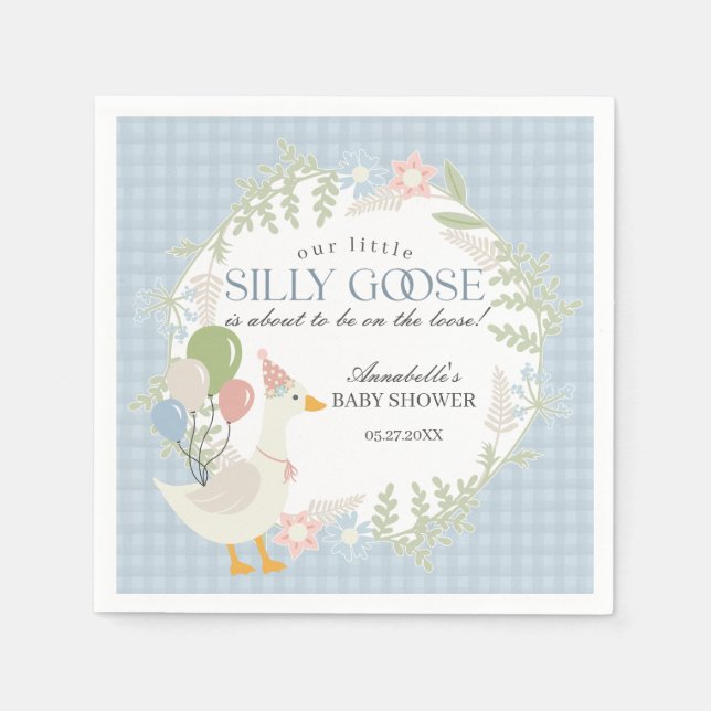 Serviette En Papier Baby shower Floral En vichy d'oie soie bleue (Devant)