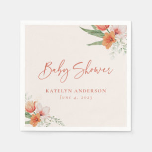 Serviette En Papier Baby shower Floral Fille Peach Spring Watercolor