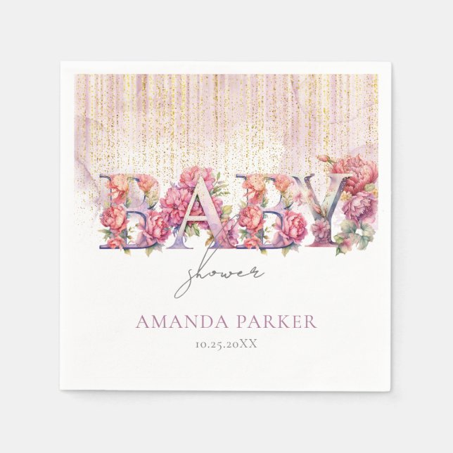 Serviette En Papier Baby shower Floral Lettres Or rose Personnalisé (Devant)
