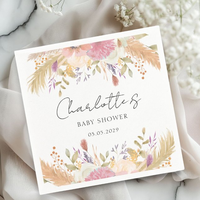 Serviette En Papier Baby shower Floral moderne (Elegant, modern, floral, pastel tones, baby shower napkin with your name and date.)