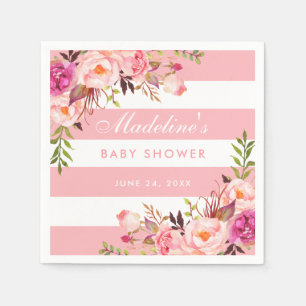 Serviette En Papier Baby shower floral rayé rose