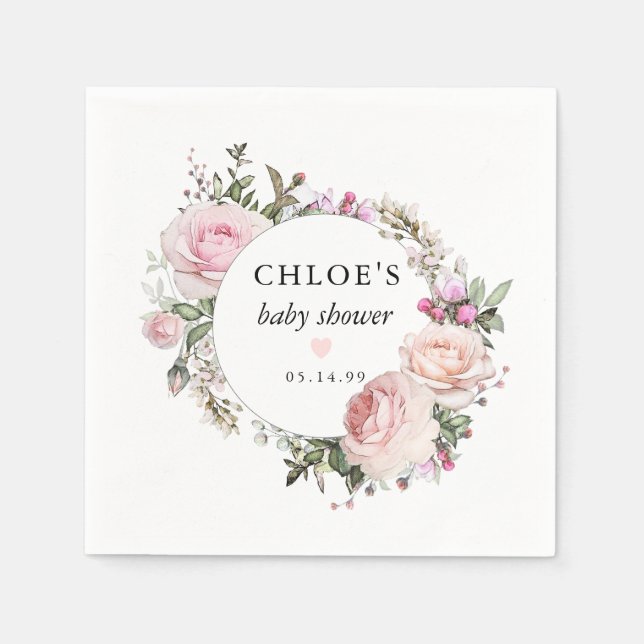 Serviette En Papier Baby shower floral rose rose rustique (Devant)