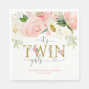 Serviette En Papier Baby shower floral rose vif pour filles jumelles