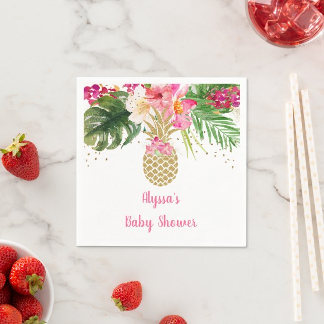Serviette En Papier Baby shower floral tropical à ananas (En situation)