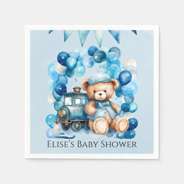 Serviette En Papier Baby shower Garçon Teddy Bear Blue Train (Devant)