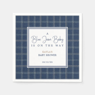 Serviette En Papier Baby Shower Jean Bleu Préparation sur Plaid Marine