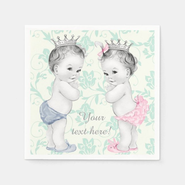Serviette En Papier Baby shower jumeau Prince et Princesse (Devant)