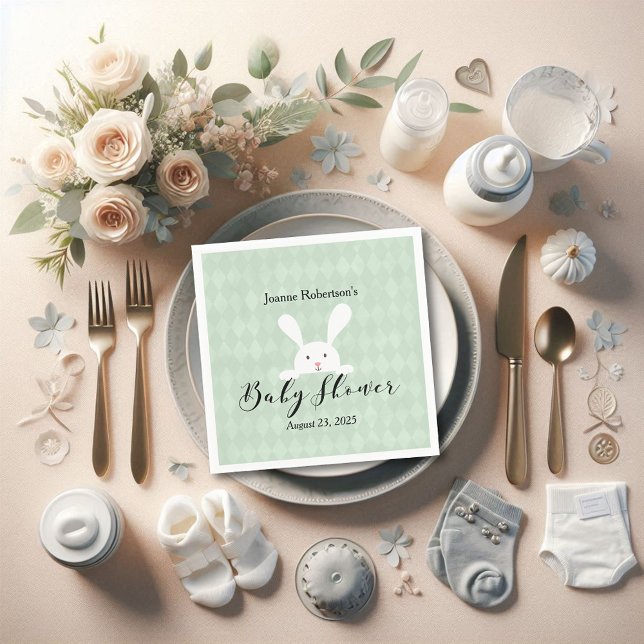 Serviette En Papier Baby shower lapin blanc moderne | Jacquard vert (Créateur téléchargé)