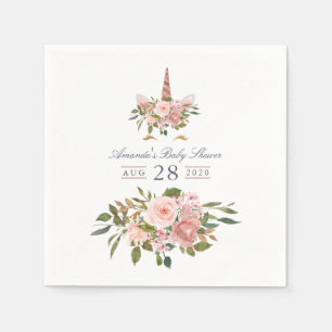 Serviette En Papier Baby Shower Licorne Fleurie Rose et Or Rose