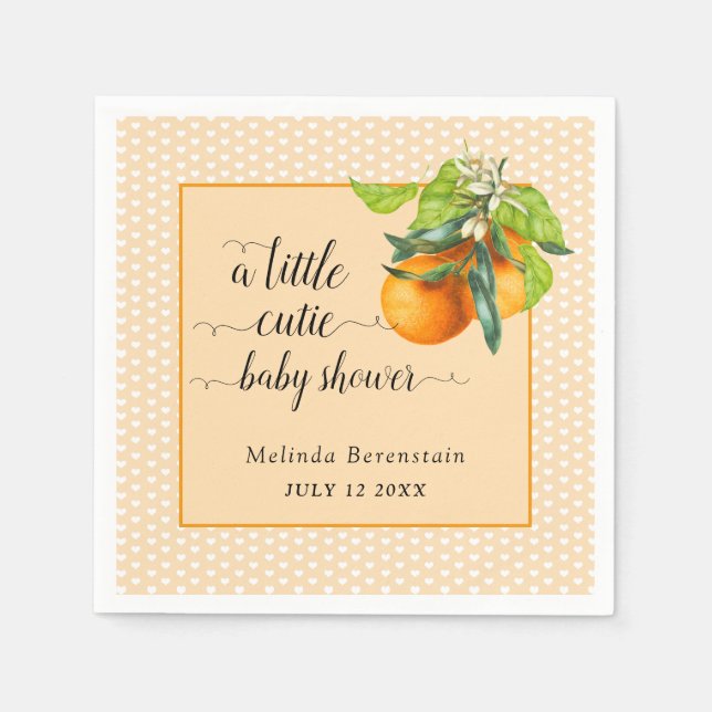 Serviette En Papier Baby shower Little Cutie Oranges et Coeurs (Devant)