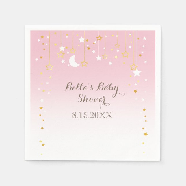 Serviette En Papier Baby shower Lune aux étoiles roses (Devant)