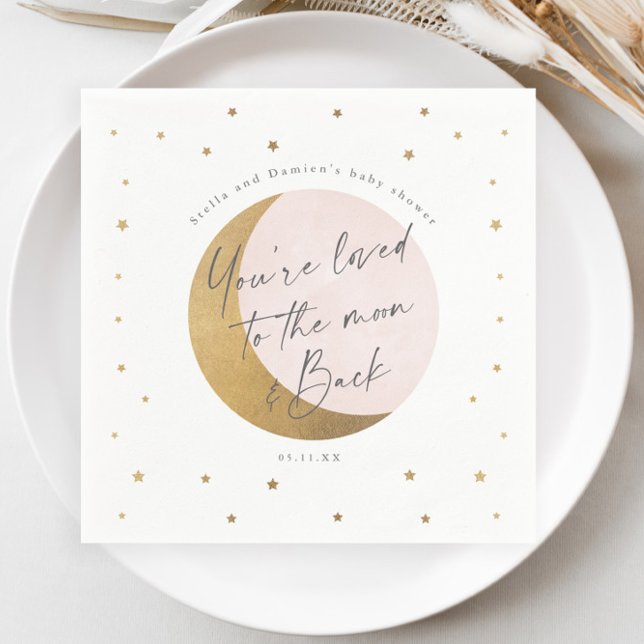 Serviette En Papier Baby shower Lune et étoiles (Elegant Gold Moon and Stars Script Pink Girls Baby Shower Napkin.)