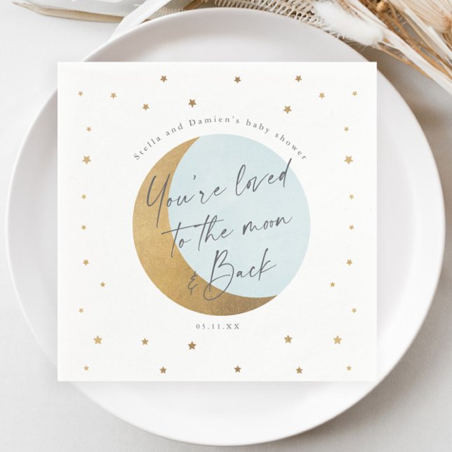 Serviette En Papier Baby shower Lune et étoiles (Elegant Gold Moon and Stars Script Blue Boys Baby Shower Napkin.)