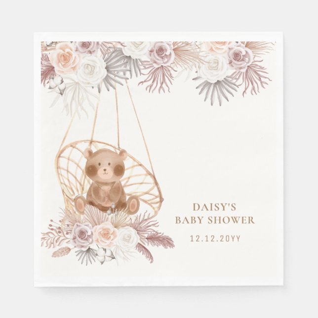 Serviette En Papier Baby shower moderne Boho Teddy Bear Pampas (Devant)
