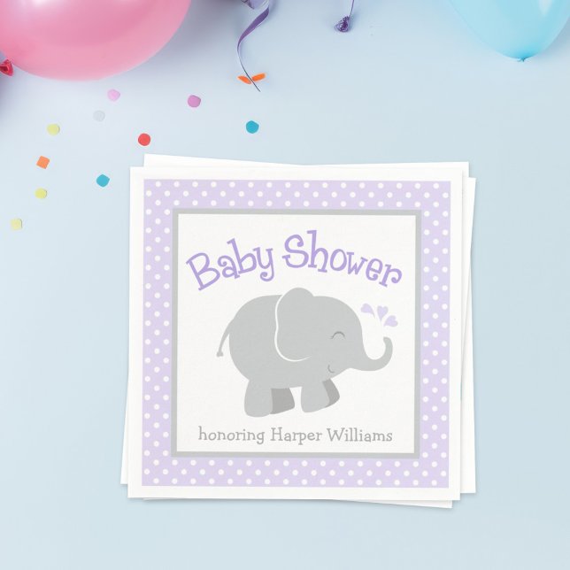Serviette En Papier Baby shower moderne violet gris éléphant fille (Créateur téléchargé)