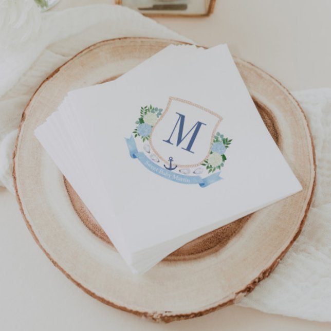 Serviette En Papier Baby shower Monogramme côtier peint à la main par  (Beachy coastal monogram crest blue and white baby shower napkins)