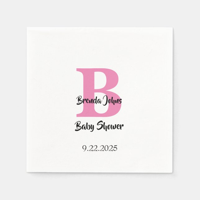 Serviette En Papier Baby shower Monogrammes Rose blanc mignonne Élégan (Devant)