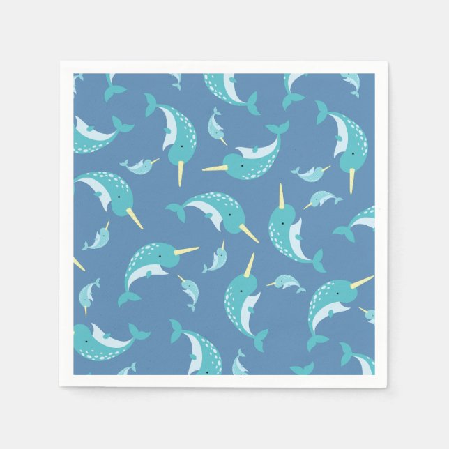 Serviette En Papier Baby shower Narwhal Blue Boy Whale (Devant)