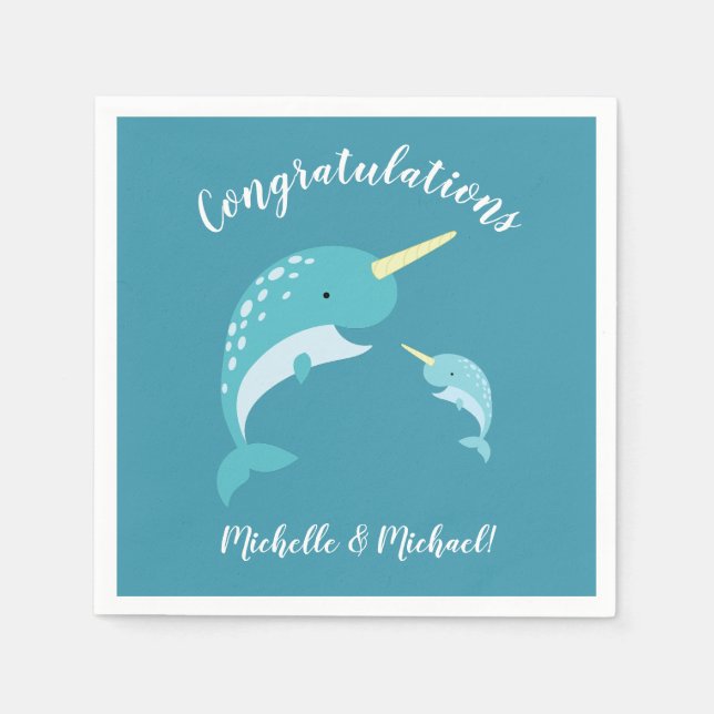 Serviette En Papier Baby shower Narwhal Jaune Genre Baleine Neutre (Devant)