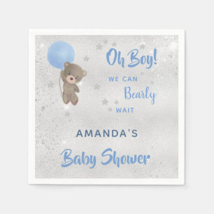 Serviette En Papier Baby shower ours en peluche garçon argent bleu nom