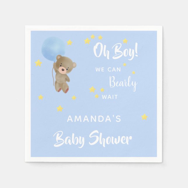 Serviette En Papier Baby shower ours en peluche garçon bleu nom (Devant)