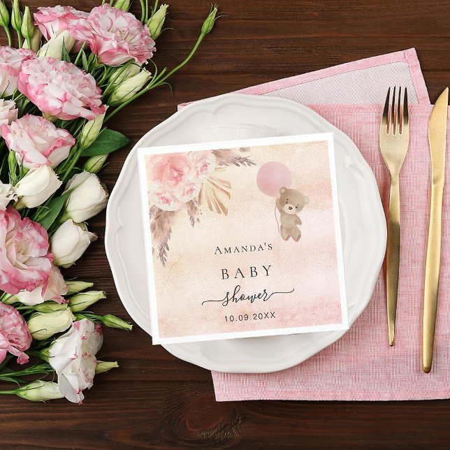 Serviette En Papier Baby shower ours en peluche pampas herbe rose or (Créateur téléchargé)