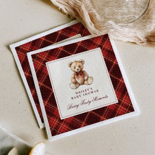 Serviette En Papier Baby Shower Ours en Velours Rouge Tartan Vintage