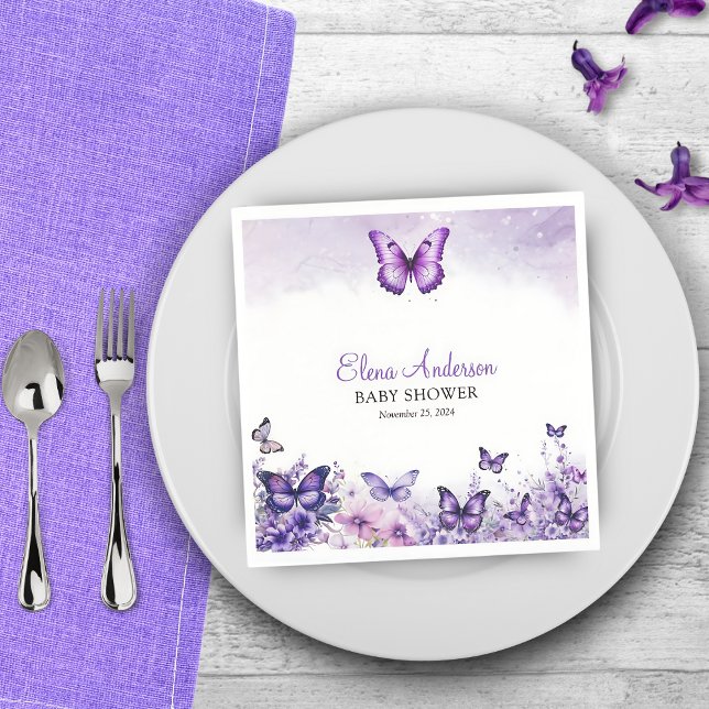 Serviette En Papier Baby shower papillon Élégant violet Floral (Créateur téléchargé)