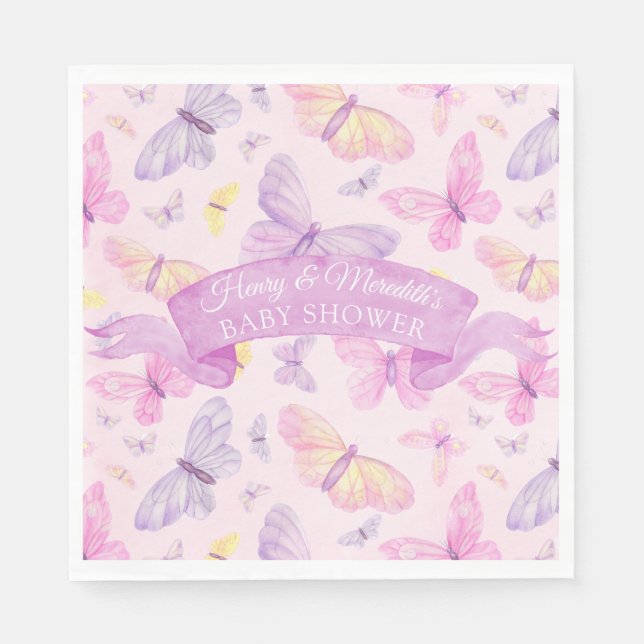 Serviette En Papier Baby shower papillon rose et pourpre (Devant)