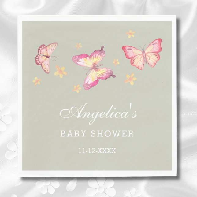 Serviette En Papier Baby shower Papillon rose Peach vert Sage (Créateur téléchargé)