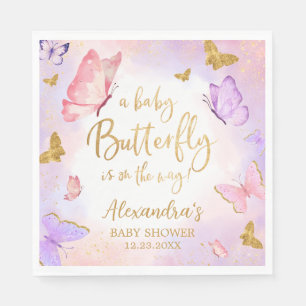 Serviette En Papier Baby shower papillon violet rose or