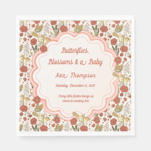 Serviette En Papier Baby shower | Papillons et fleurs poétiques Floral (Devant)