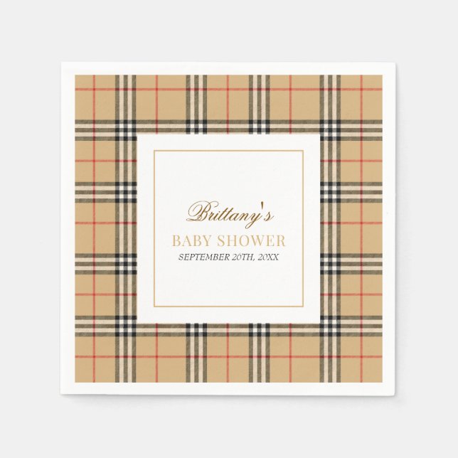 Serviette En Papier Baby shower Plaid Chèque Beige (Devant)