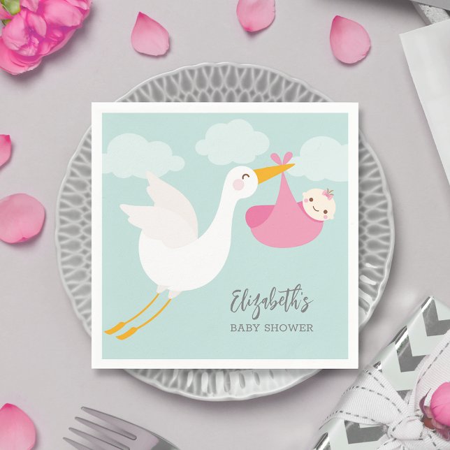 Serviette En Papier Baby shower pour fille de groupe de Stork (Pink stork bundle girl baby shower personalized cocktail napkins)