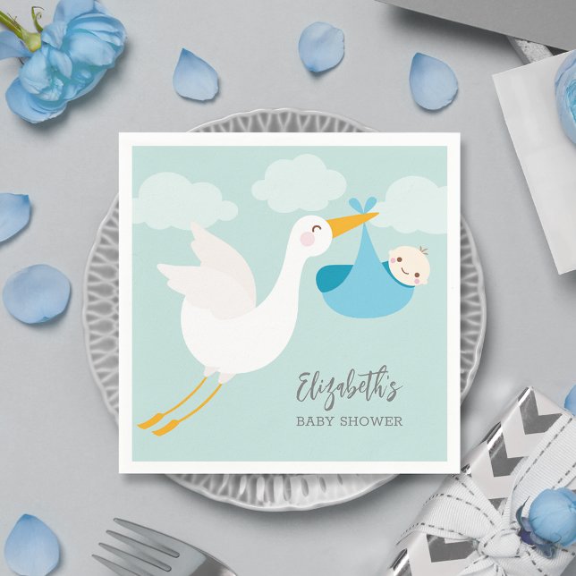 Serviette En Papier Baby shower pour garçon de Stork Bundle (Blue stork bundle boy baby shower personalized cocktail napkins)