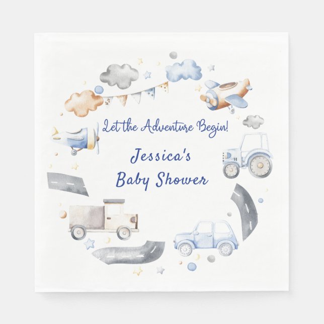 Serviette En Papier Baby shower pour garçons de transport d'aventure (Devant)
