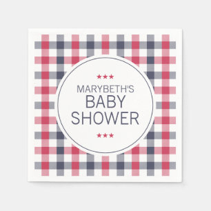 Serviette En Papier Baby shower préppy rouge, blanc et bleu plaqué