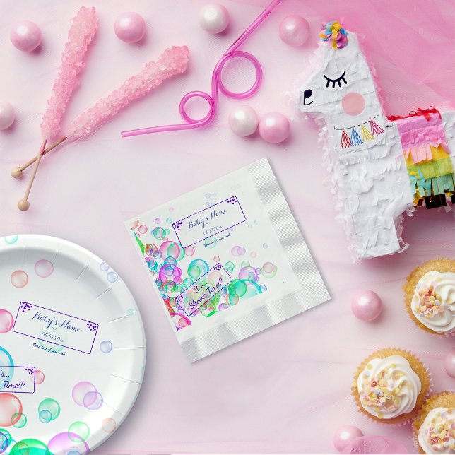 Serviette En Papier Baby shower Rainbow Soap Bubbles (Colorful soap bubble baby shower customizable paper napkin with matched paper plate on a party table)