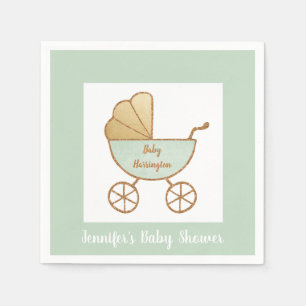 Serviette En Papier Baby shower Retro Pastel Mint Green White Carriage
