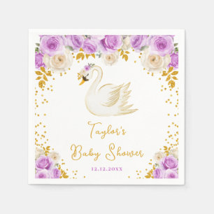 Serviette En Papier Baby shower Rose cygne violet et or