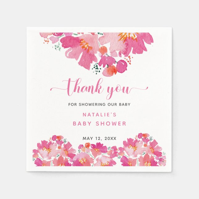 Serviette En Papier Baby shower rose Floral en aquarelle fleurie (Devant)