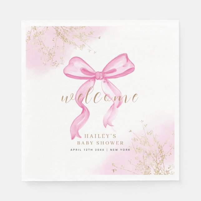Serviette En Papier Baby shower rose moderne élégant aquarelle Bow (Devant)