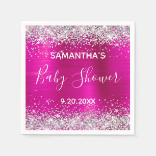 Serviette En Papier Baby Shower Rose Pailleté Chaud Foncé Argenté