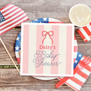 Serviette En Papier Baby Shower Ruban Rouge & Rayures Roses