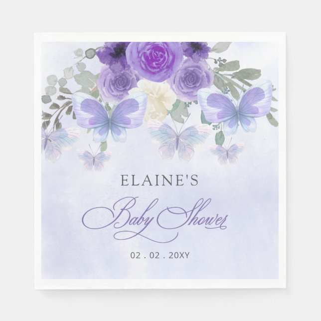 Serviette En Papier Baby shower Rustique Floral Purple Lilac Butterfli (Devant)