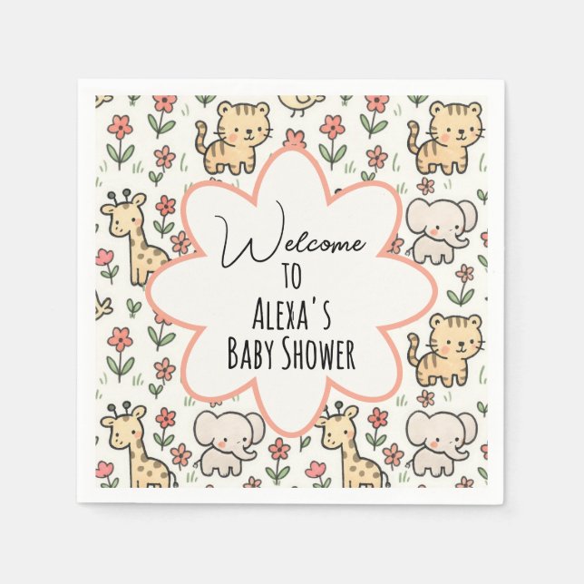 Serviette En Papier Baby shower Safari Animal Avec Fleurs (Devant)