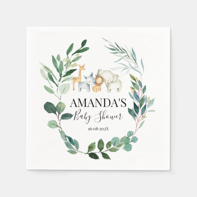 Serviette En Papier Baby shower Safari Et Folivier Wreath (Devant)