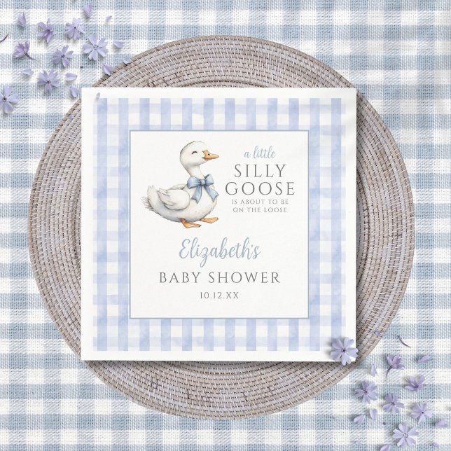 Serviette En Papier Baby shower Silencieux En vichy bleu petit oie (Silly Little Goose Blue Gingham Baby Shower Napkins)