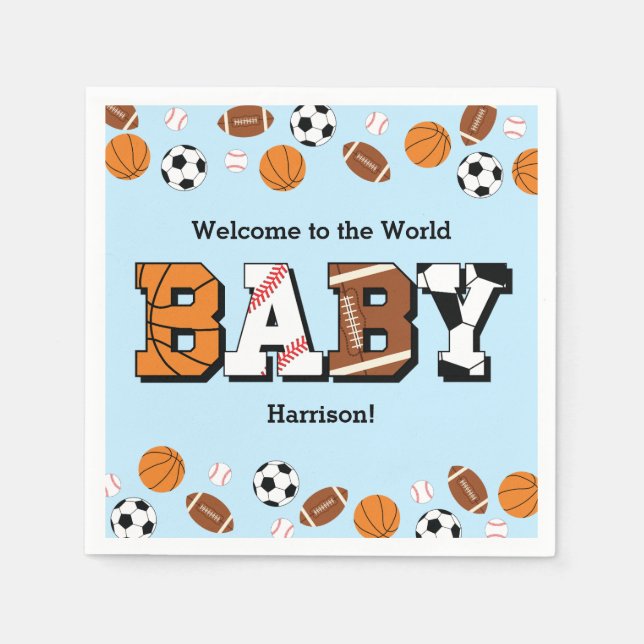 Serviette En Papier Baby shower sportif Co-ed Thème Garçon Bleu (Devant)