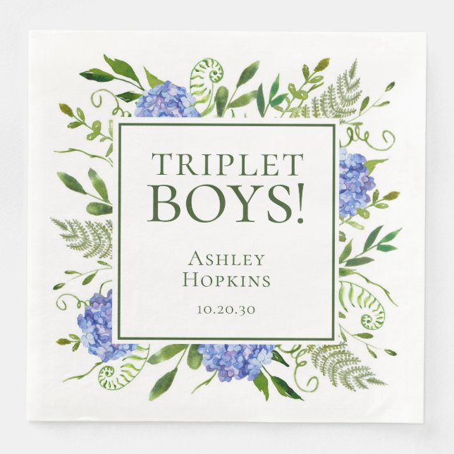 Serviette En Papier Baby shower Triplet Boys Blue Hydrangeas (Devant)